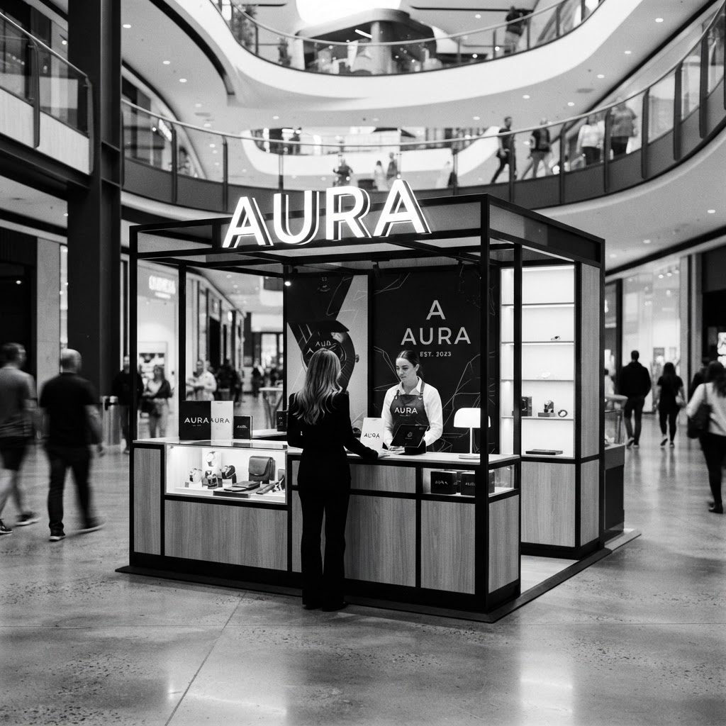 Premium branded kiosk pop-up activation in a mall atrium