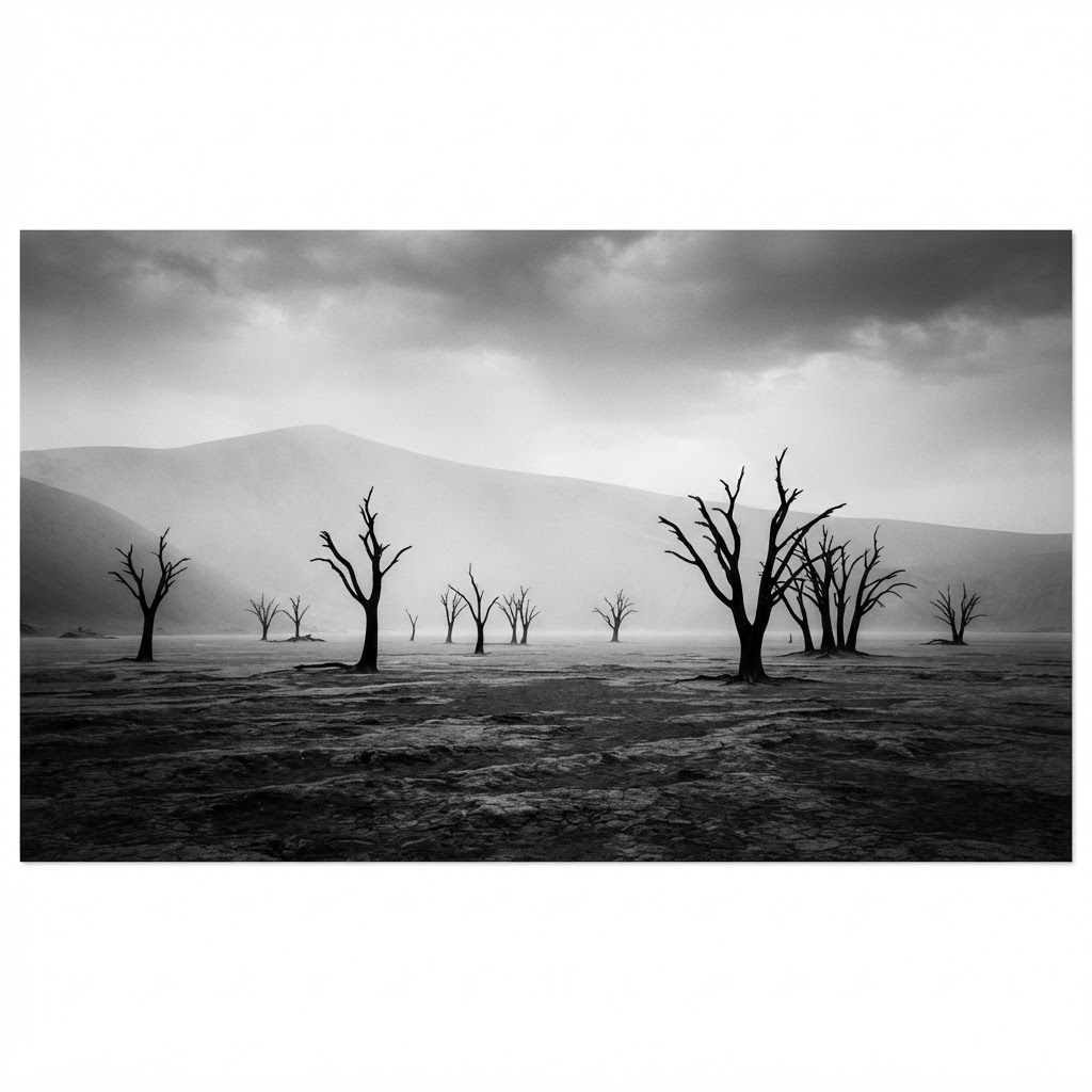 Stark Namibian desert landscape with dead camel thorn trees